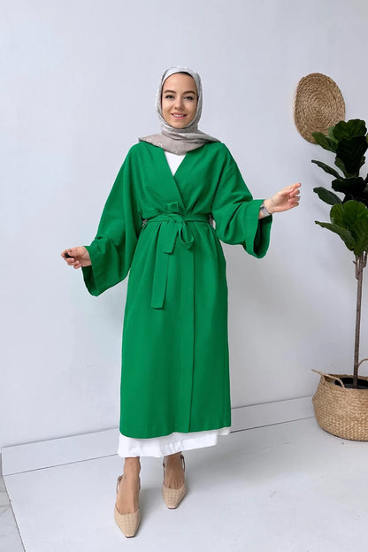 Long Belted Linen Kimono - Green