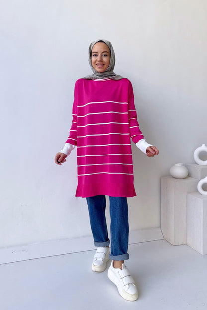 Bicycle Collar Striped Mercerized Tunic - Fuchsia