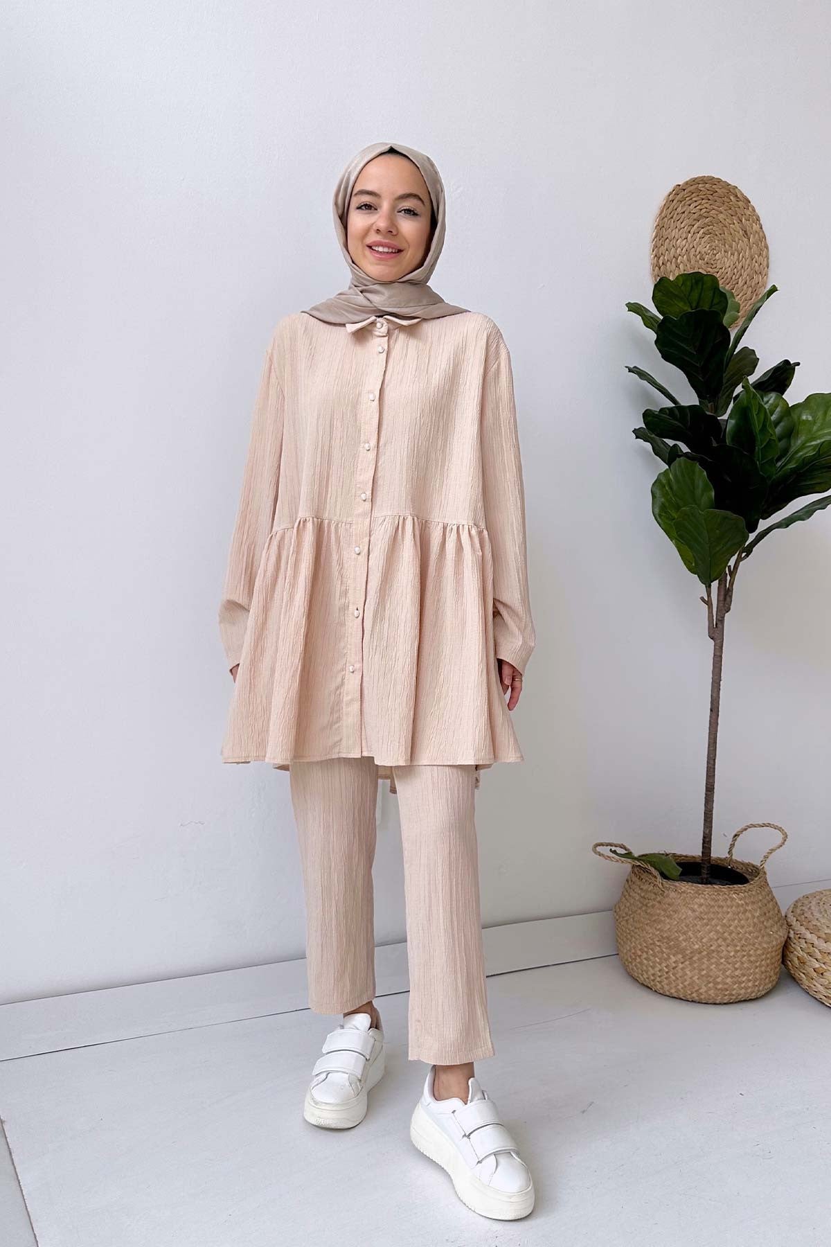 Pearl Button Suit - Beige