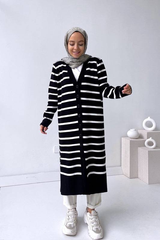 Striped Long Button Knitwear Cardigan - Black