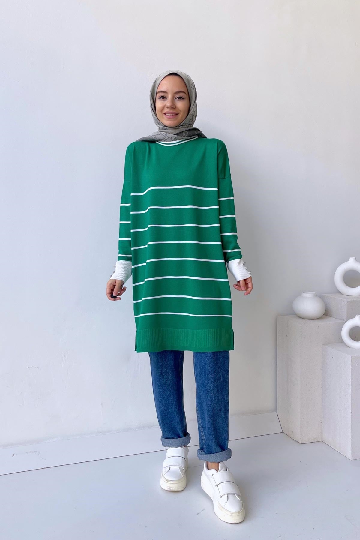 Bicycle Collar Striped Mercerized Tunic - Green