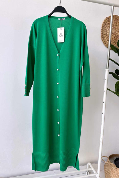 Maxi-Length Buttoned Mercerized Cardigan - Green