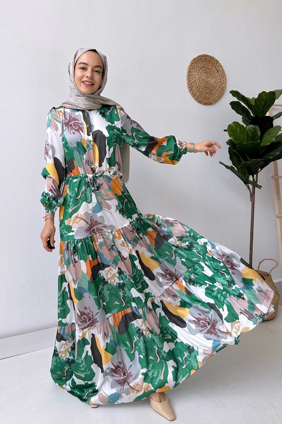 Floral Satin Dress - Green