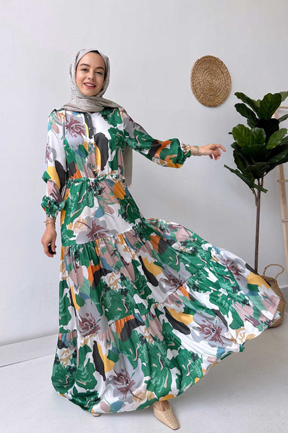 Floral Satin Dress - Green