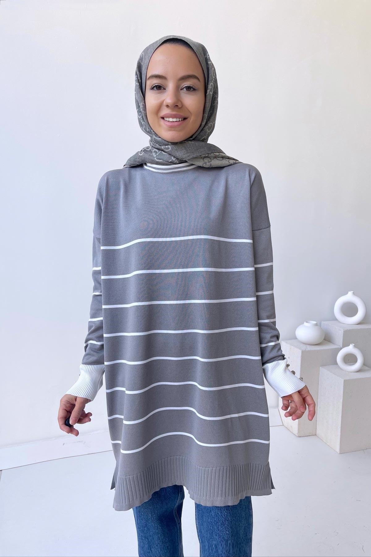 Bicycle Collar Striped Mercerized Tunic - Grey