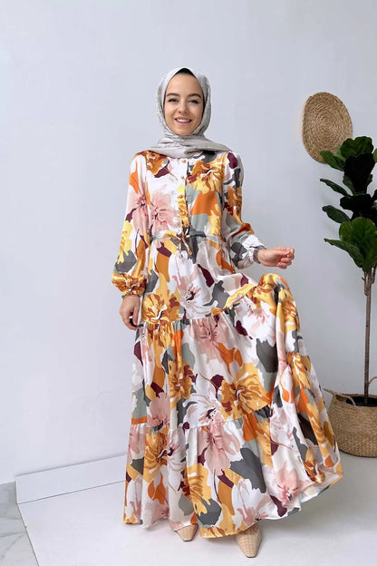 Floral Pattern Satin Dress - Orange