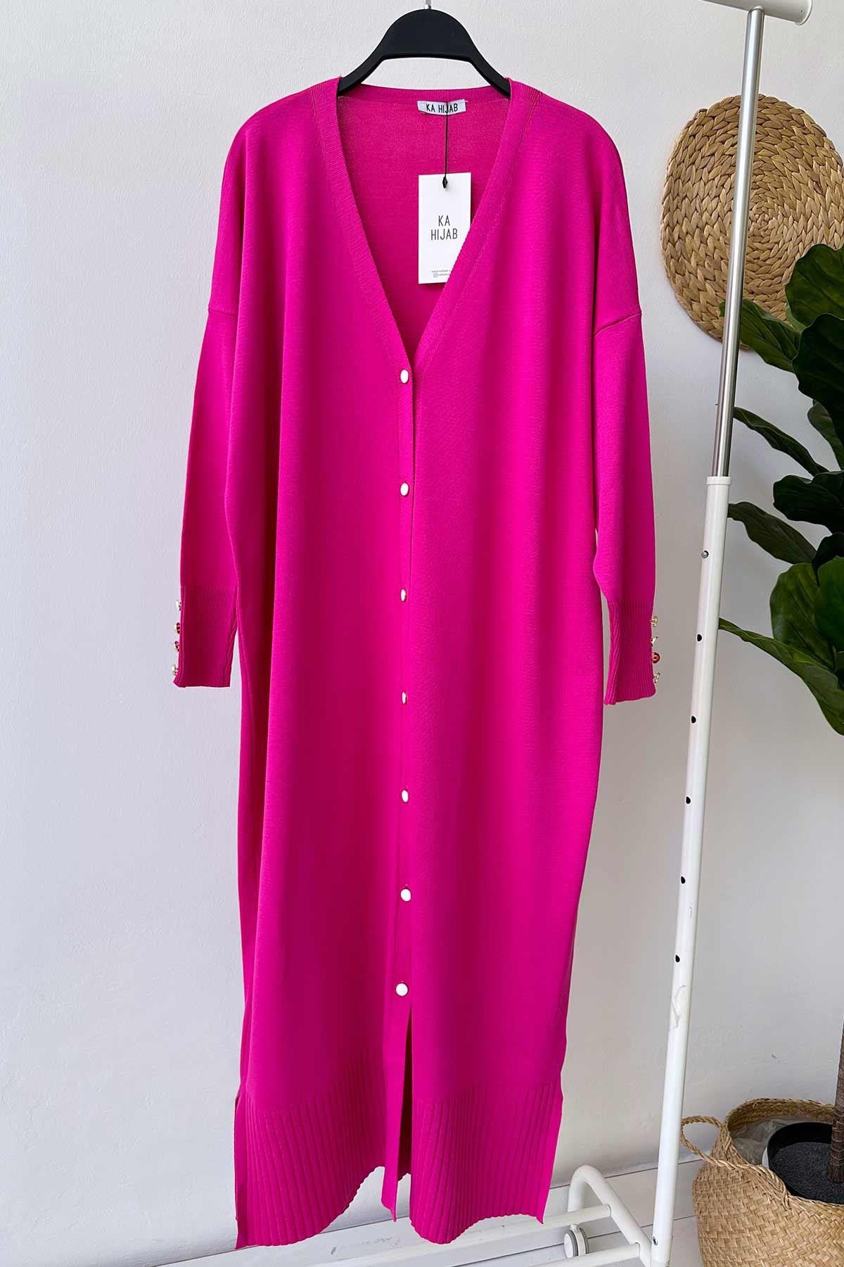 Maxi-Length Buttoned Mercerized Cardigan - Fuchsia