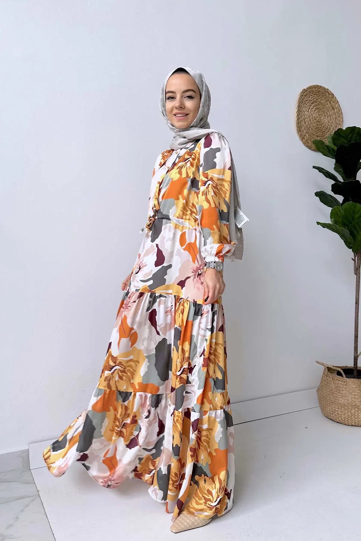 Floral Pattern Satin Dress - Orange