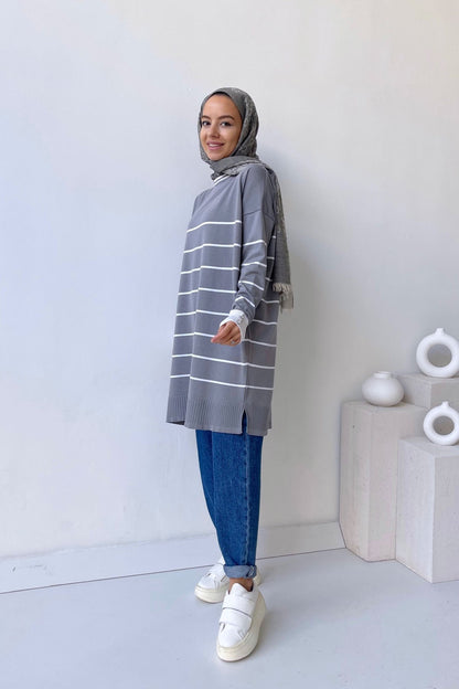 Bicycle Collar Striped Mercerized Tunic - Grey