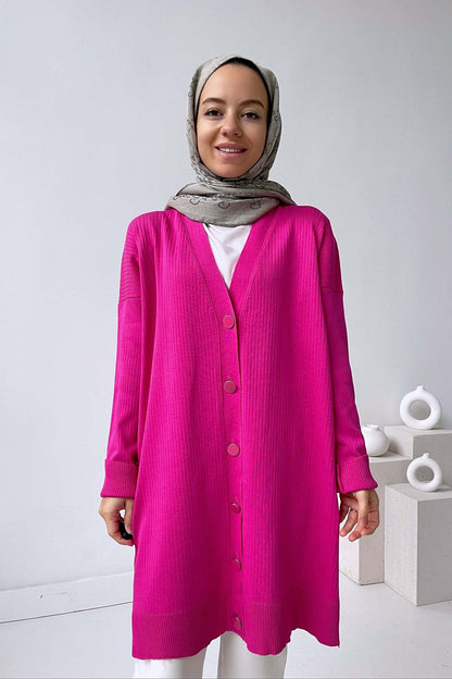 Mercerized Cardigan with Button Wick - Fuchsia