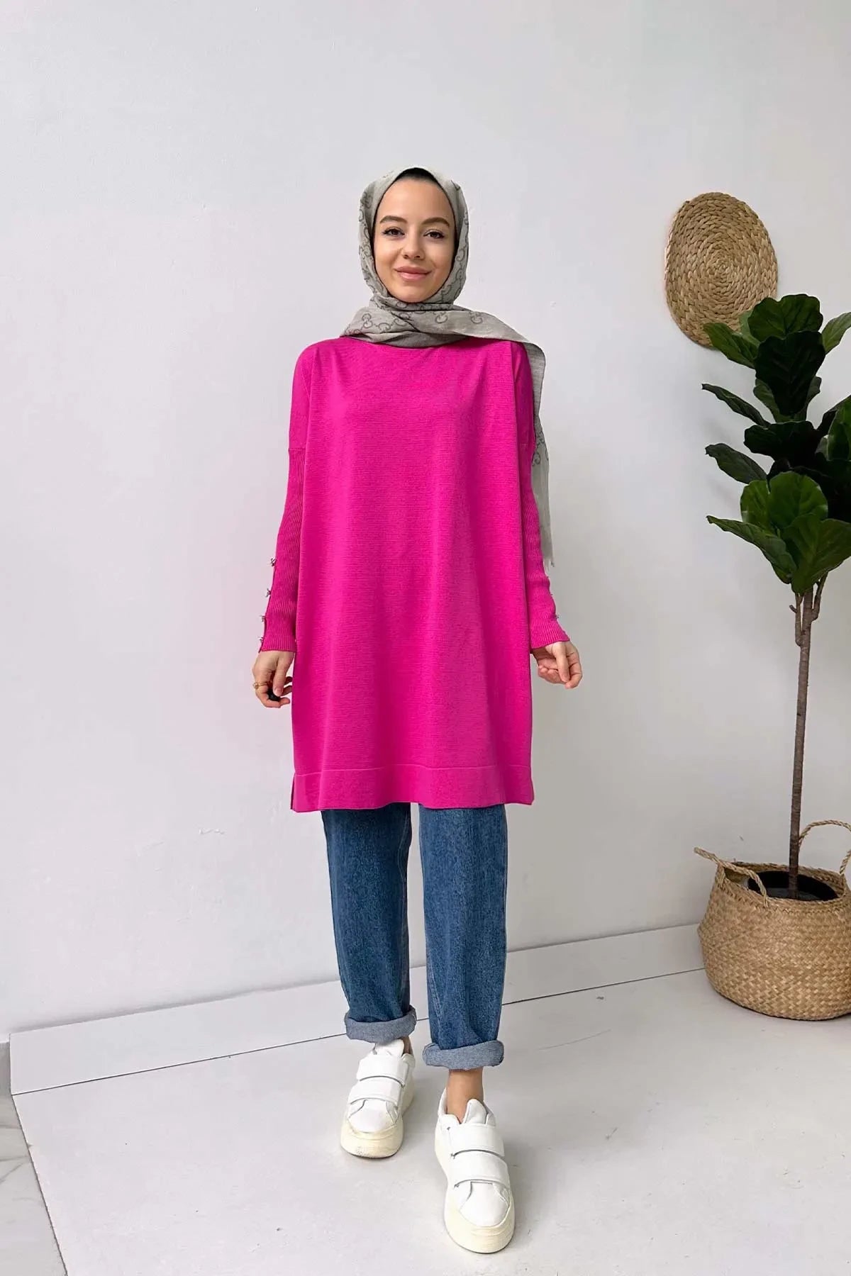 Sleeve Detail Mercerized Tunic - Fuchsia