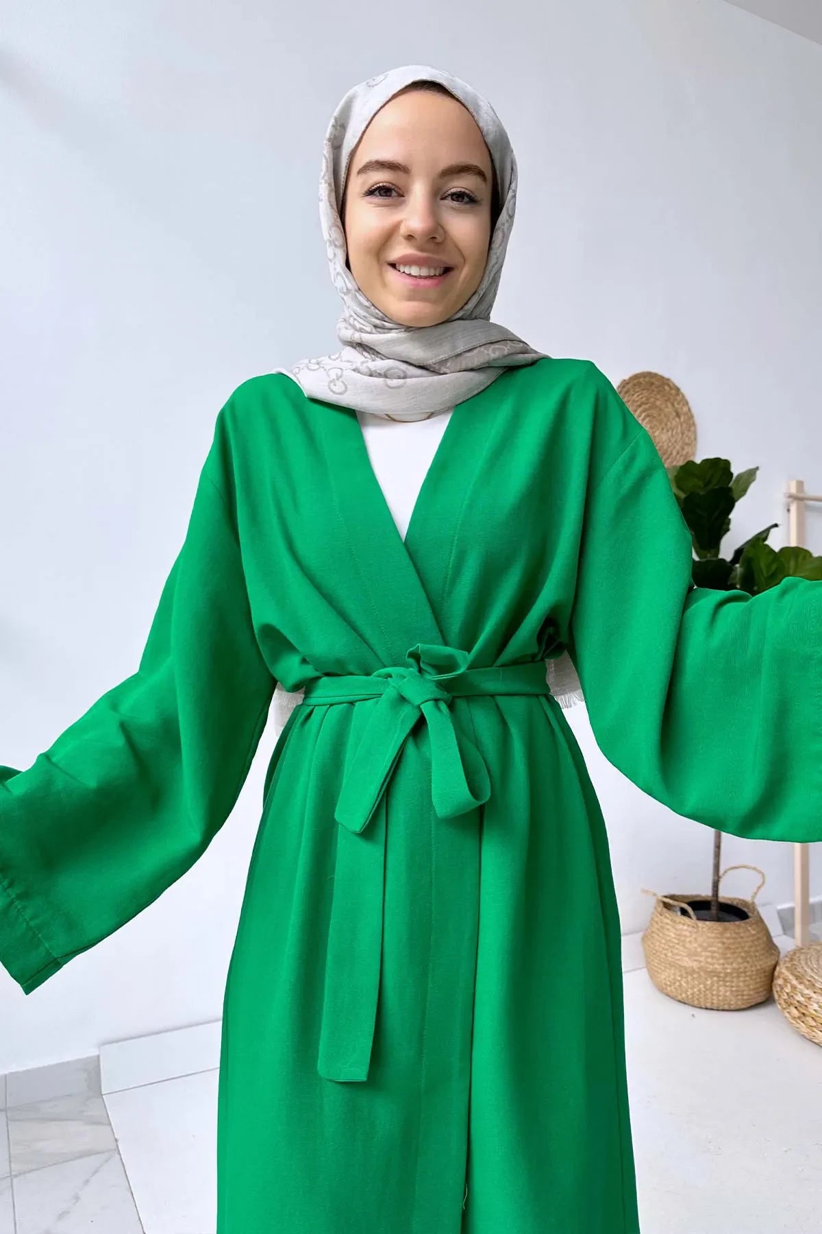 Long Belted Linen Kimono - Green