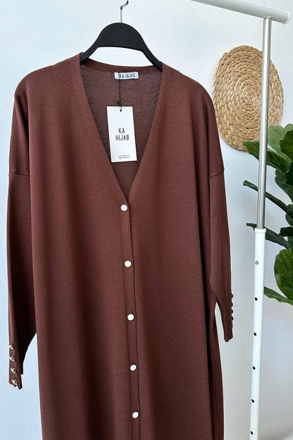 Maxi-Length Buttoned Mercerized Cardigan - Brown