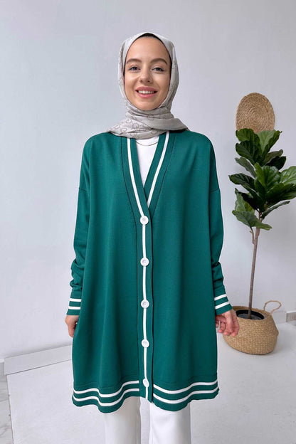 Line Detail Button Mercerized Cardigan - Emerald Color