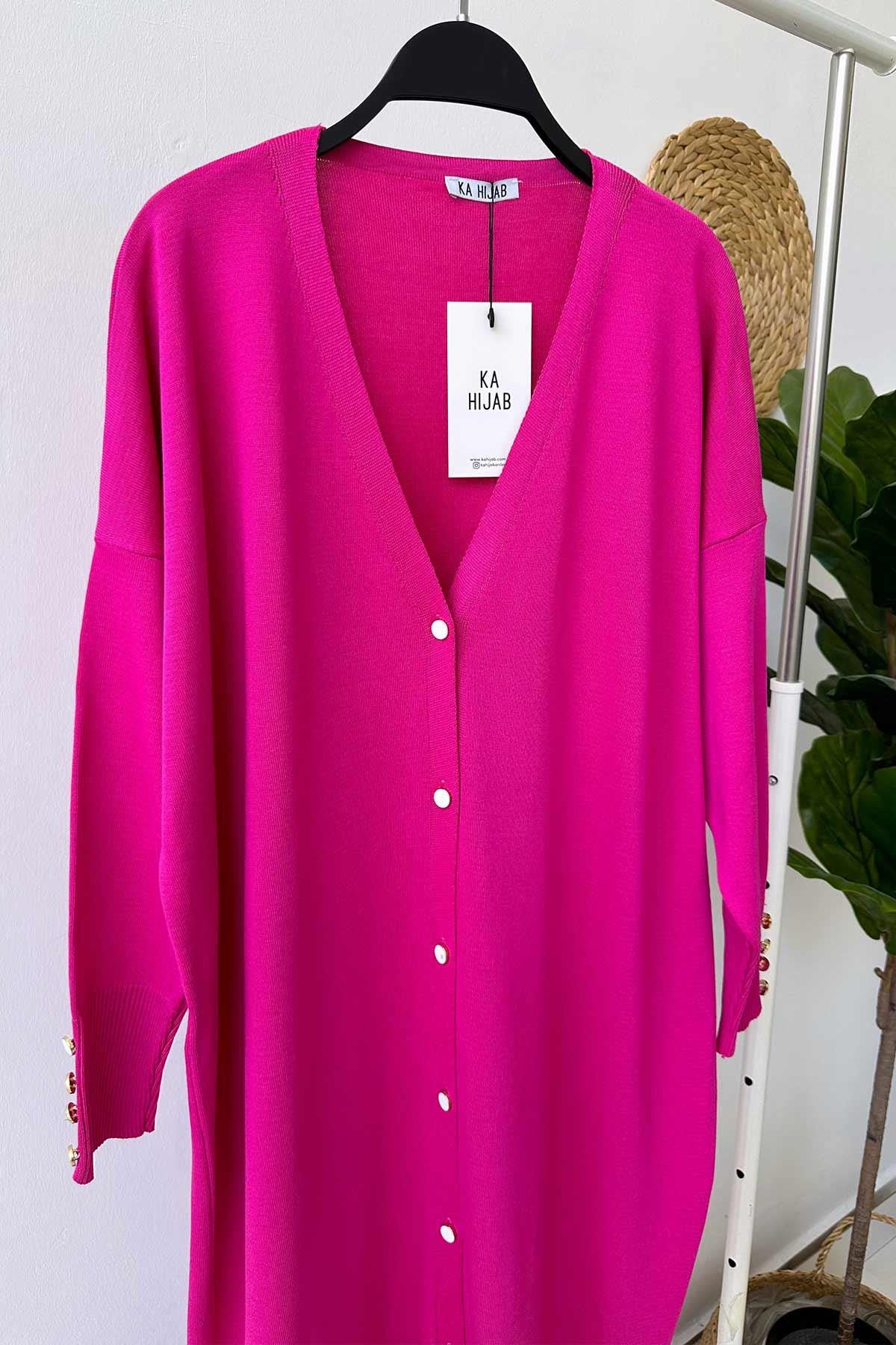 Maxi-Length Buttoned Mercerized Cardigan - Fuchsia