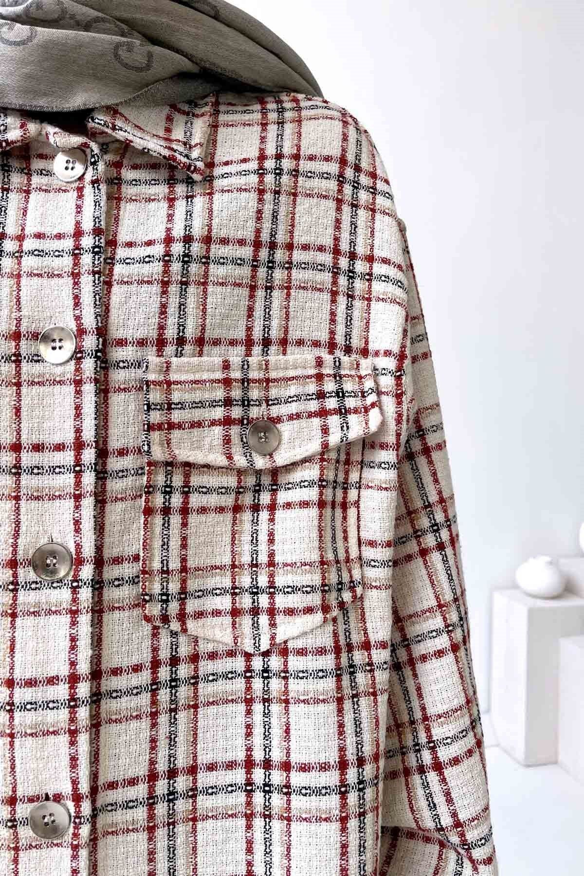 Plaid Double Pocket Tweed Jacket/Shirt - Beige/Claret Red