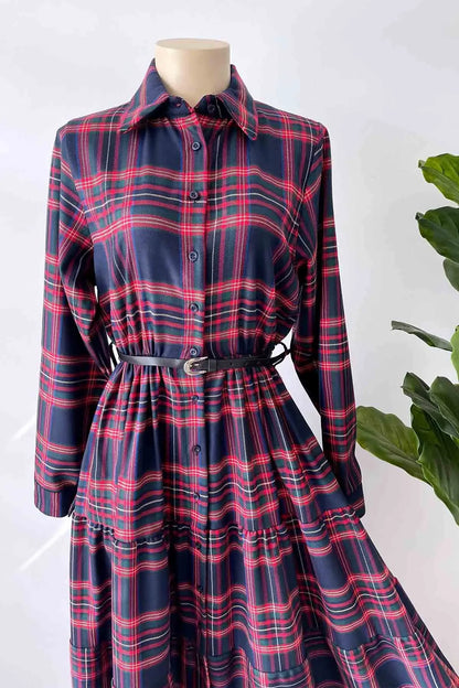 Plaid Dress with Front Buttons - Navy Blue