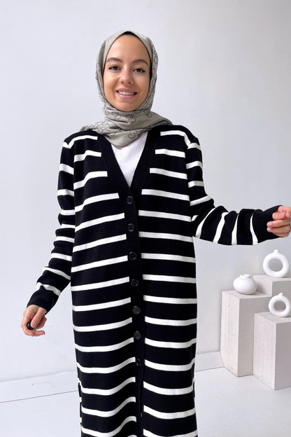 Striped Long Button Knitwear Cardigan - Black