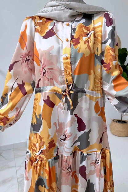 Floral Pattern Satin Dress - Orange