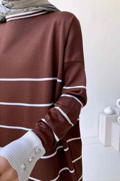 Bicycle Collar Striped Mercerized Tunic - Brown