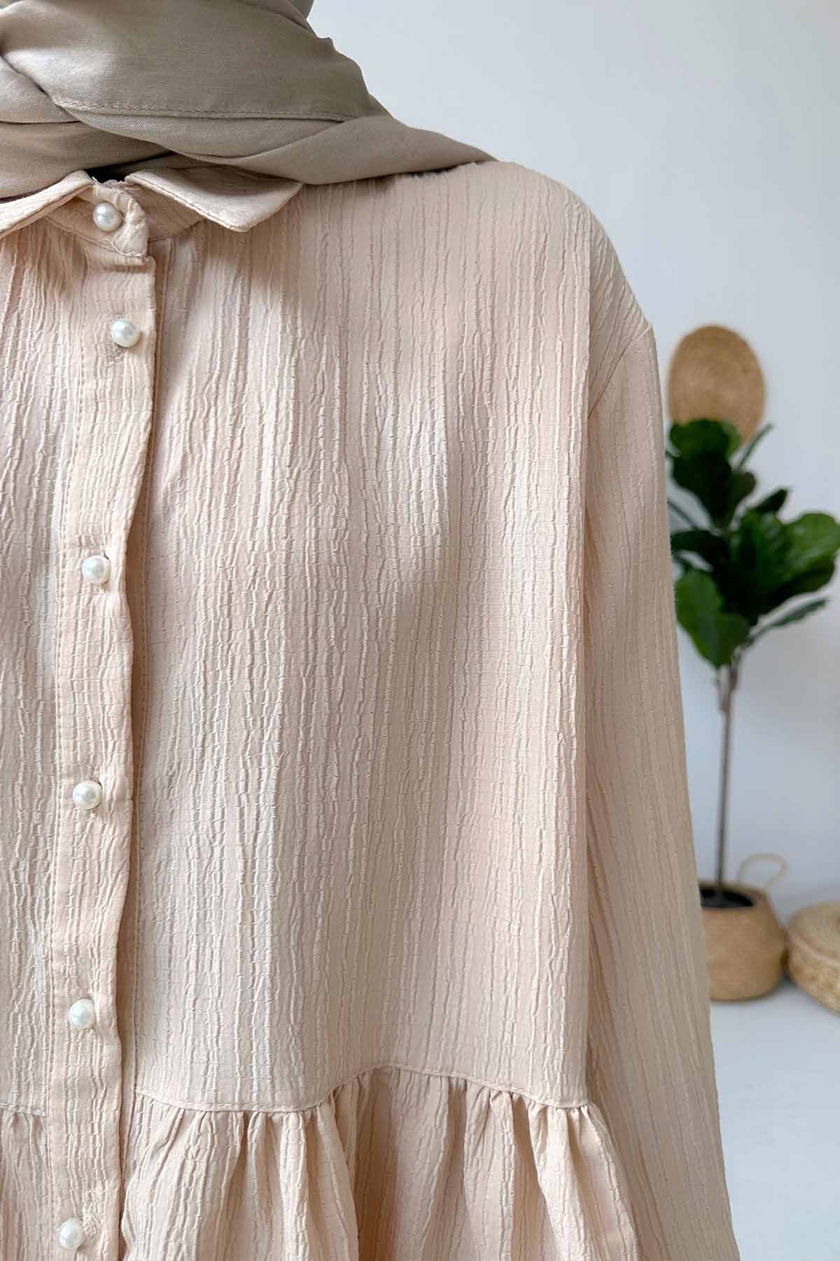 Pearl Button Suit - Beige