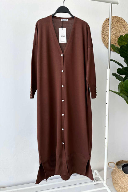 Maxi-Length Buttoned Mercerized Cardigan - Brown