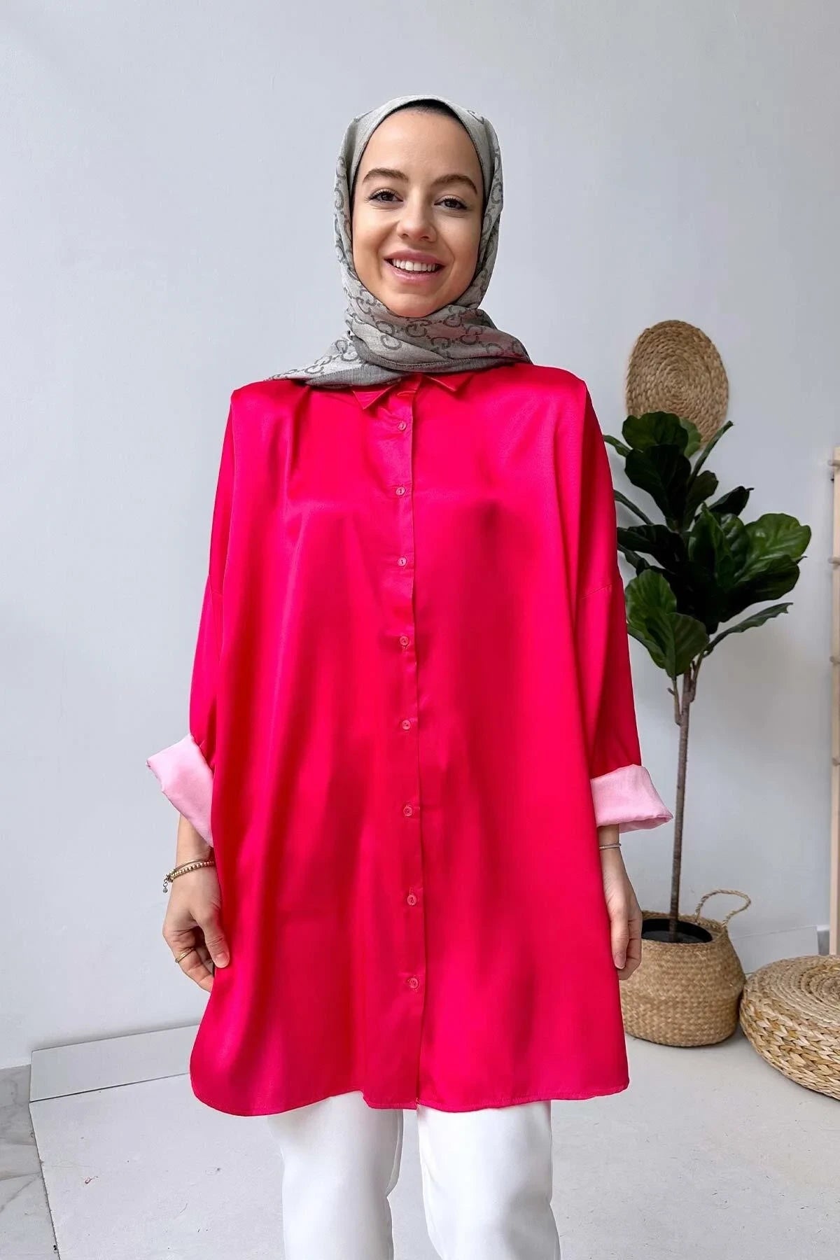 Oversize Satin Shirt - Fuchsia