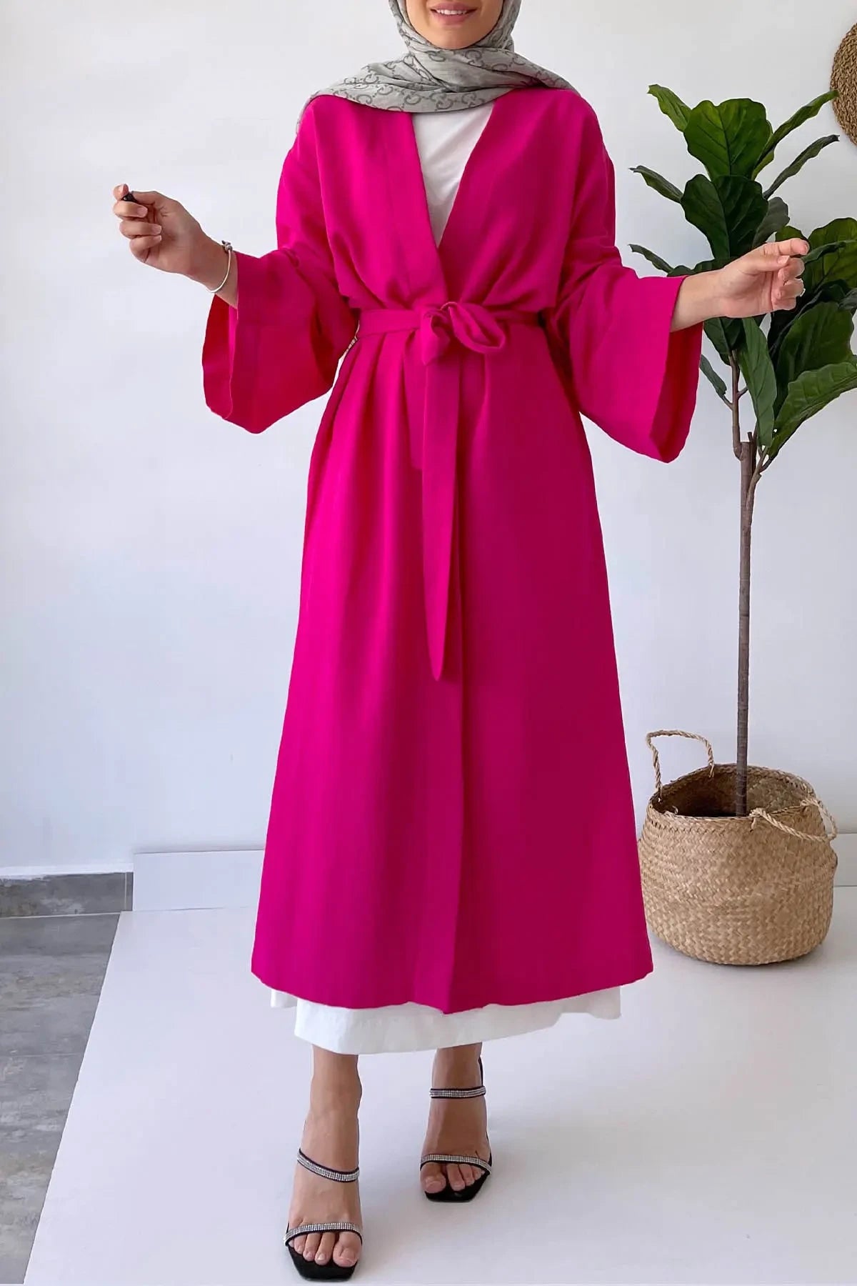 Long Belted Linen Kimono - Fuchsia