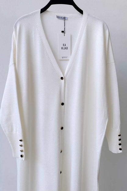 Maxi-Length Buttoned Mercerized Cardigan - White