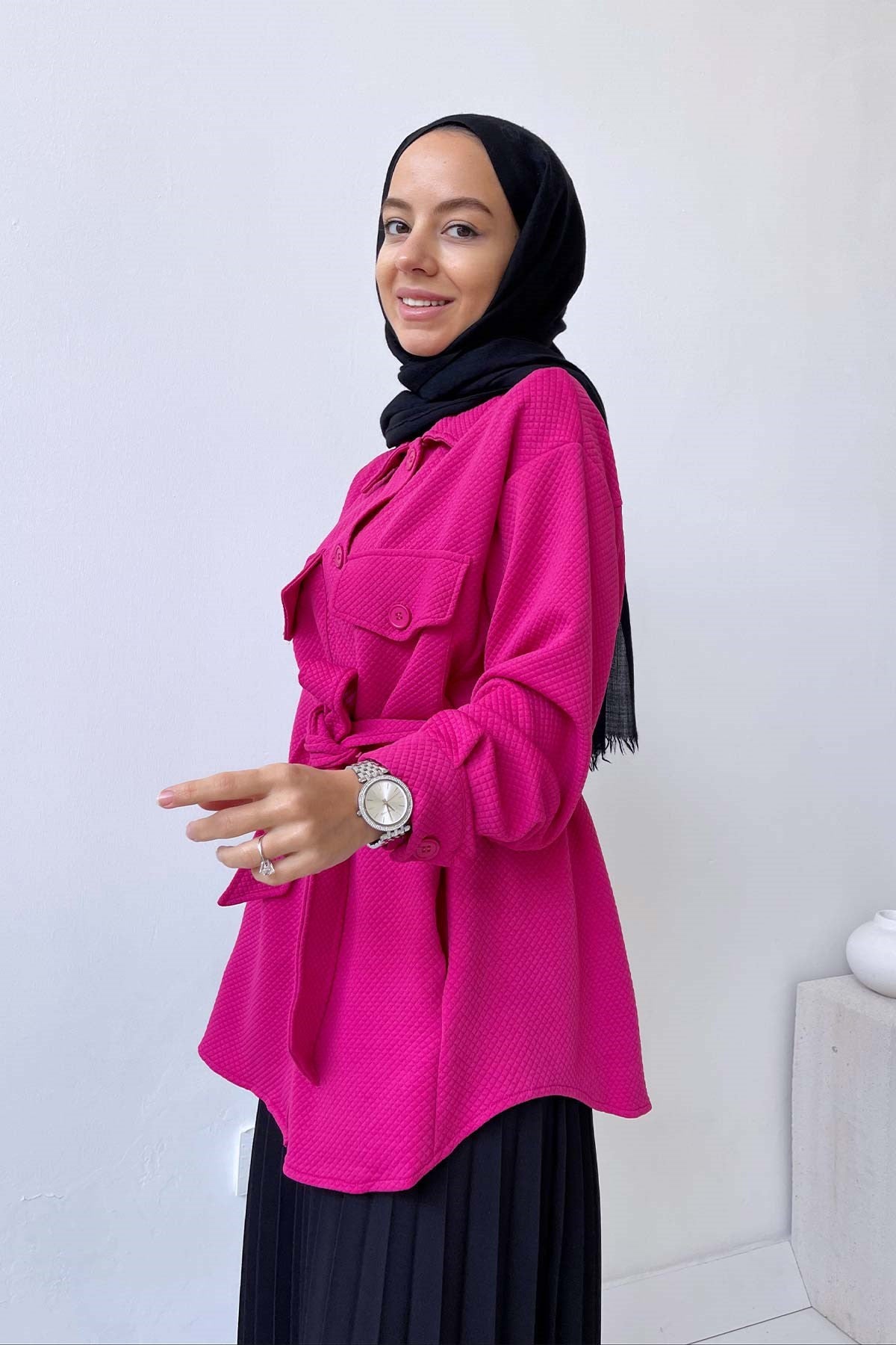 Self-Patterned Belted Shirt - Fuchsia