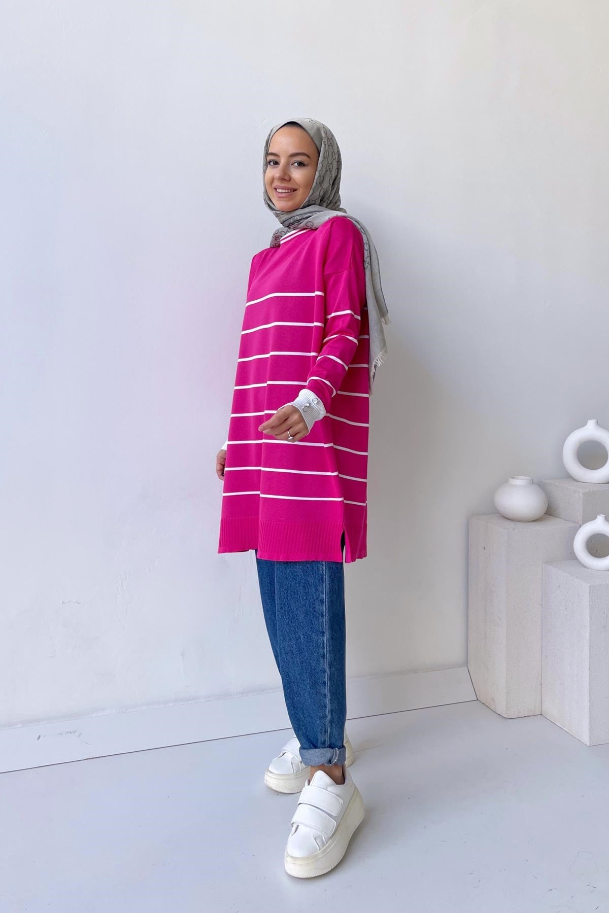 Bicycle Collar Striped Mercerized Tunic - Fuchsia