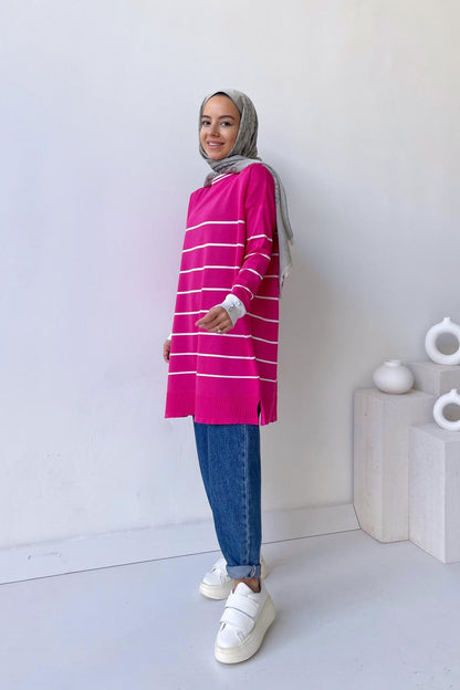 Bicycle Collar Striped Mercerized Tunic - Fuchsia