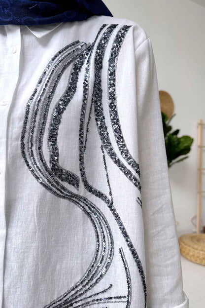 Sequin Embroidery Linen Shirt - White