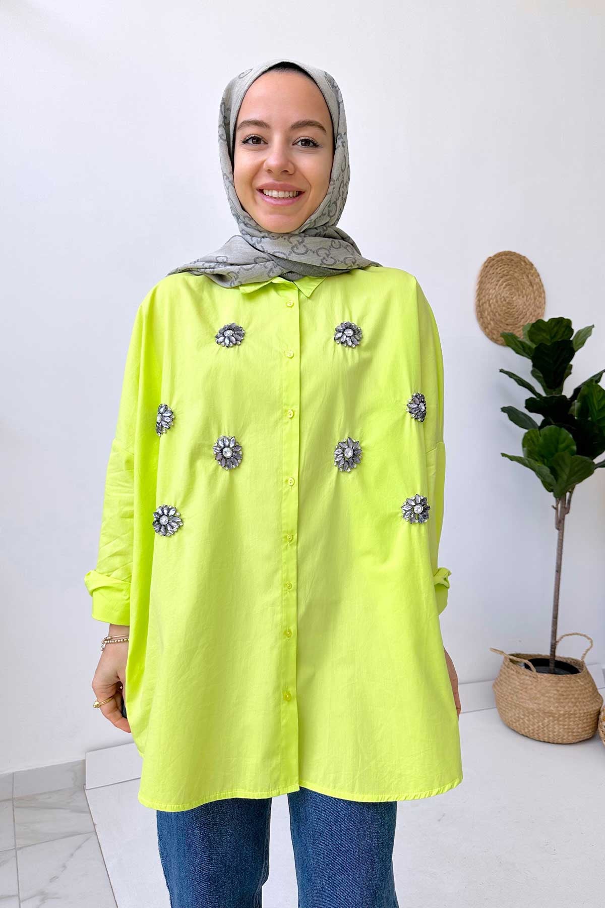 Oversize Low Sleeve Diamond Shirt - Green