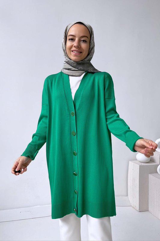 Mercerized Cardigan with Button Wick - Green