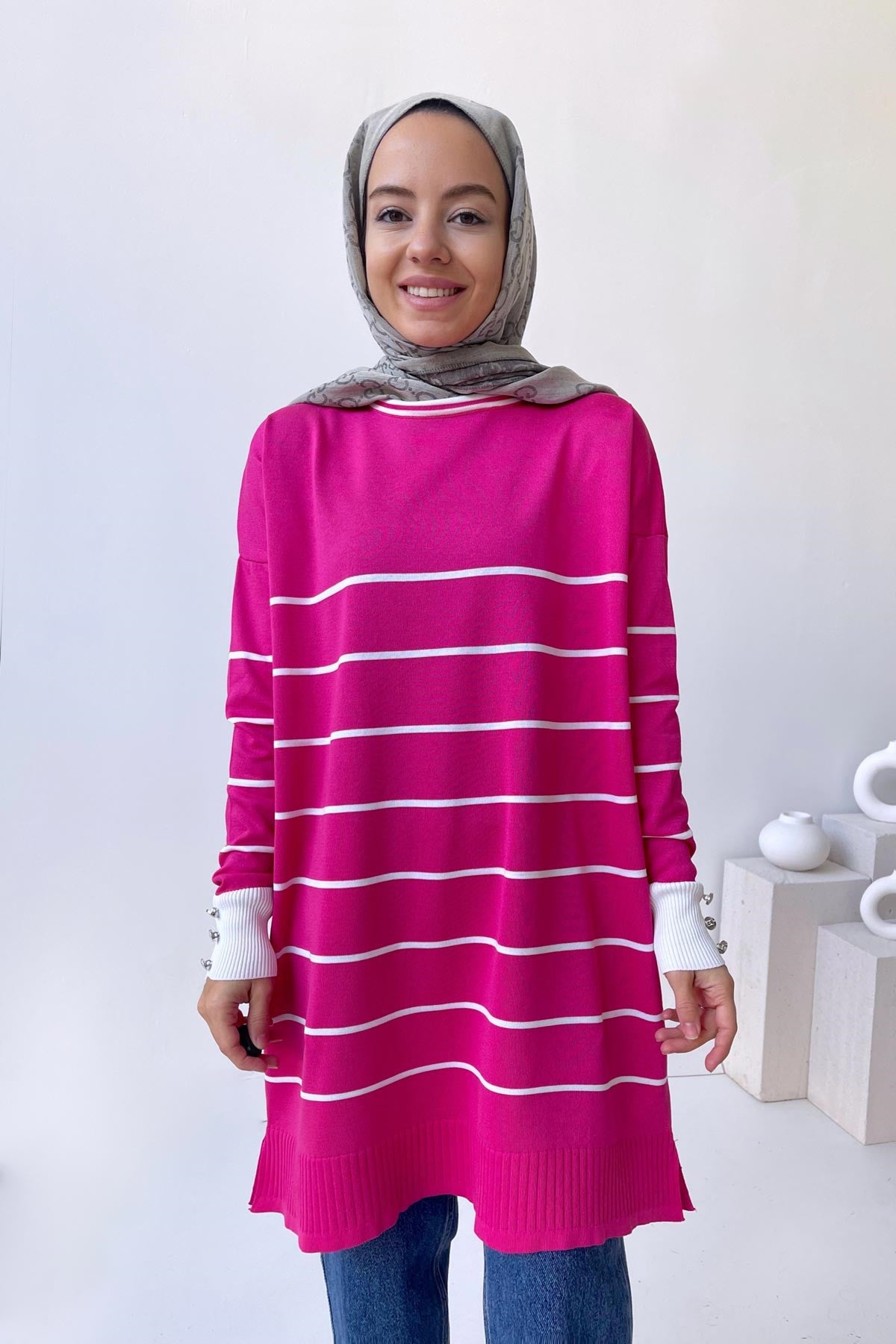 Bicycle Collar Striped Mercerized Tunic - Fuchsia