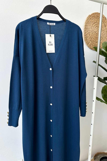 Maxi-Length Buttoned Mercerized Cardigan - Petrol