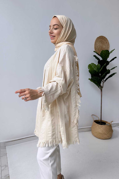 Embroidered Back Kimono - Beige