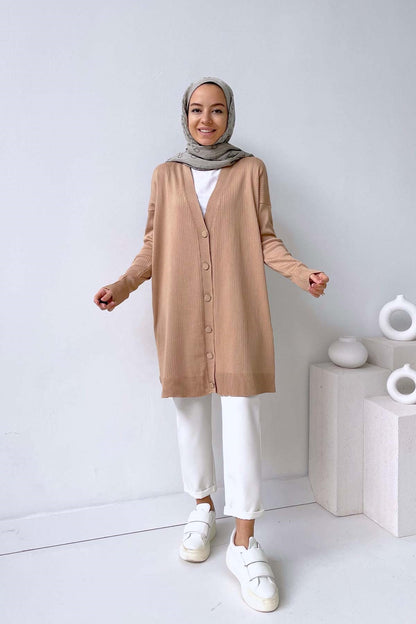 Mercerized Cardigan with Button Wick - Coffee Milk