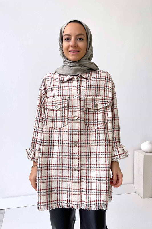 Plaid Double Pocket Tweed Jacket/Shirt - Beige/Claret Red