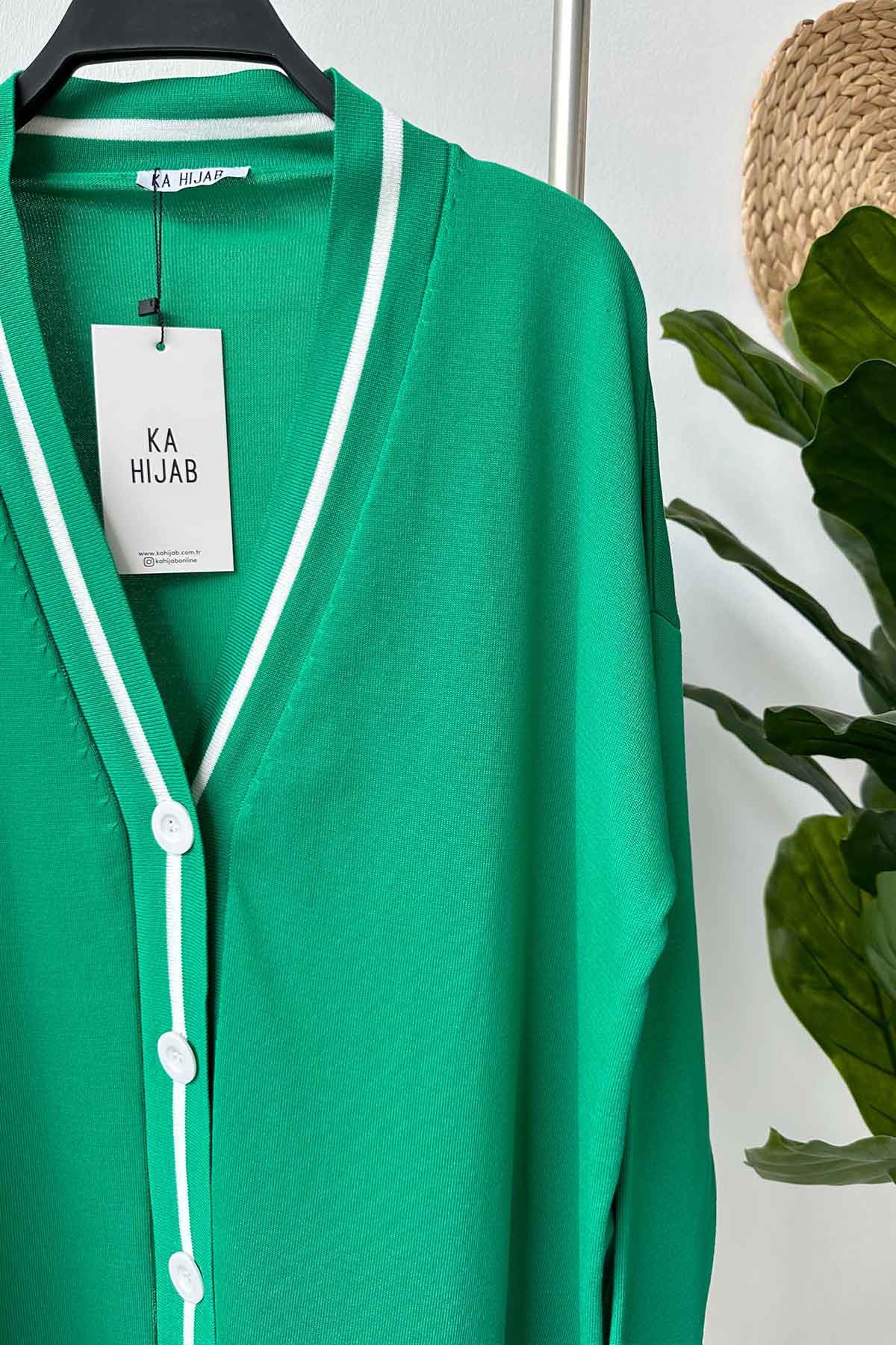 Line Detail Button Mercerized Cardigan - Green