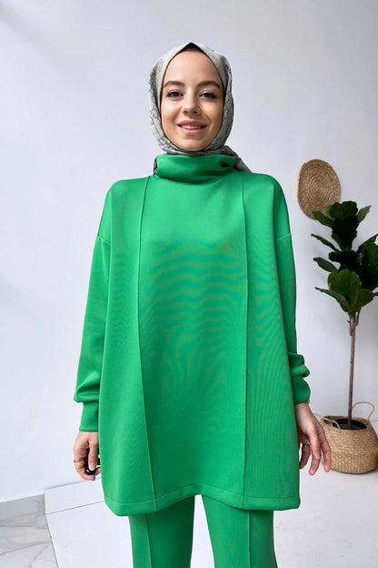 Throated Scuba Fabric Suit - Green