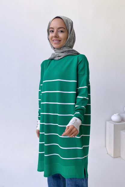 Bicycle Collar Striped Mercerized Tunic - Green