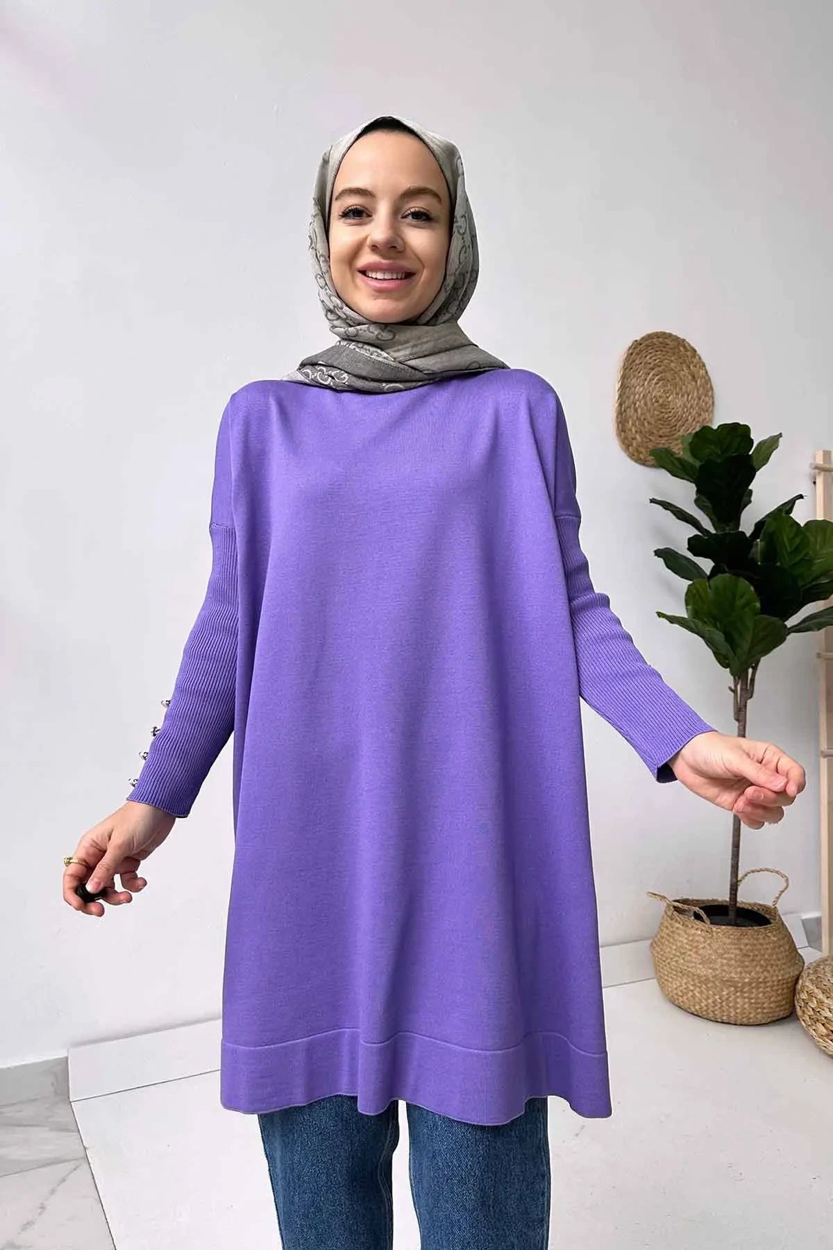 Sleeve Detail Mercerized Tunic - Violet