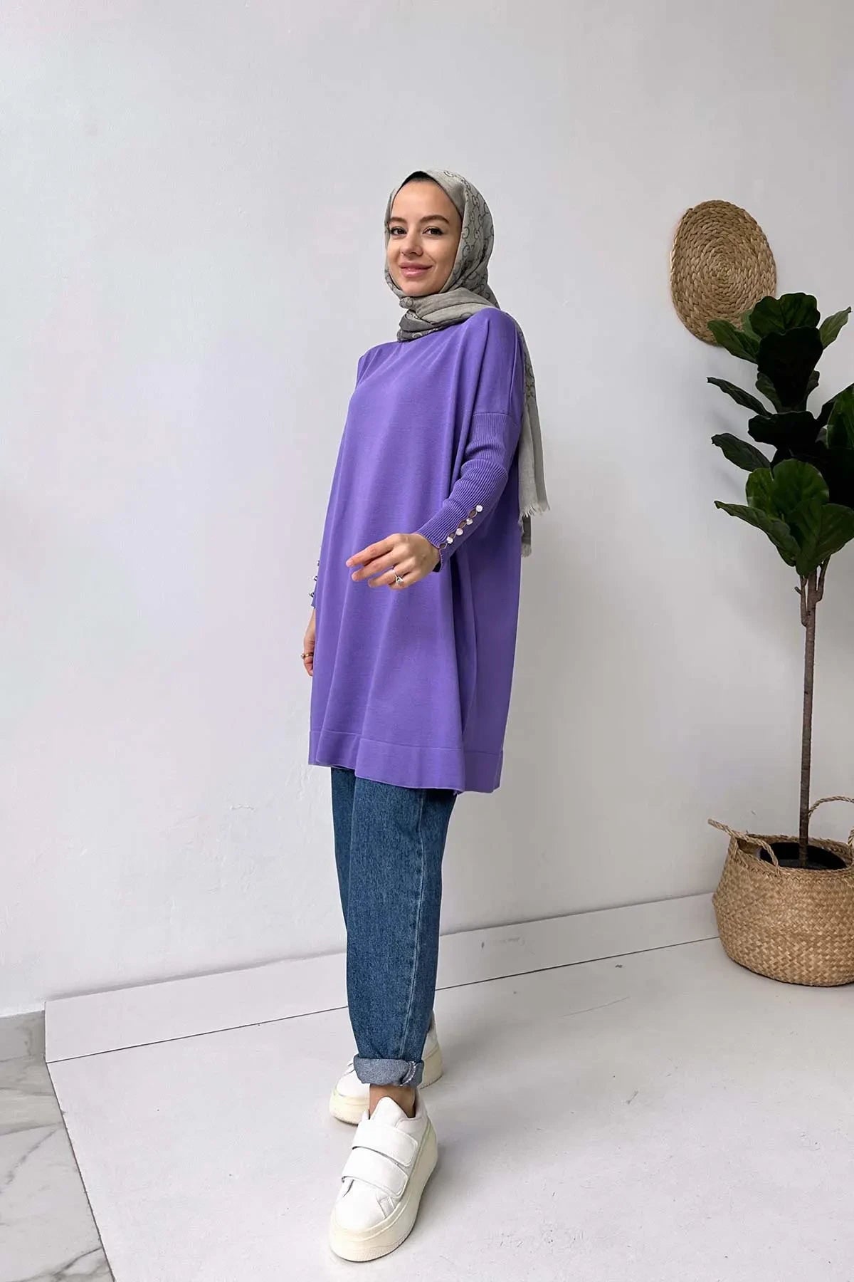 Sleeve Detail Mercerized Tunic - Violet