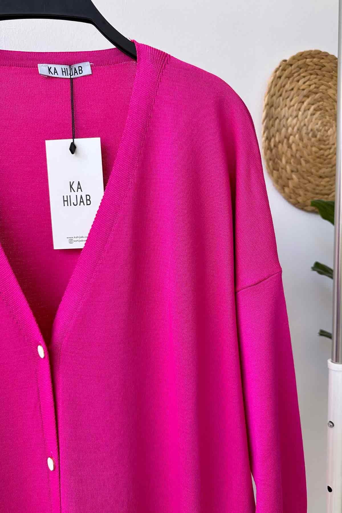 Maxi-Length Buttoned Mercerized Cardigan - Fuchsia