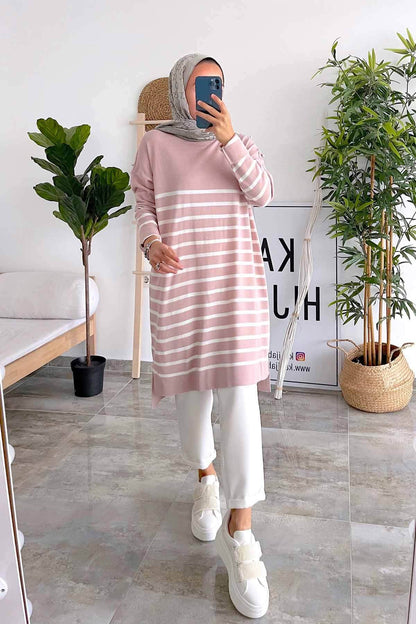 Button Detail Striped Knitwear Tunic - Pink