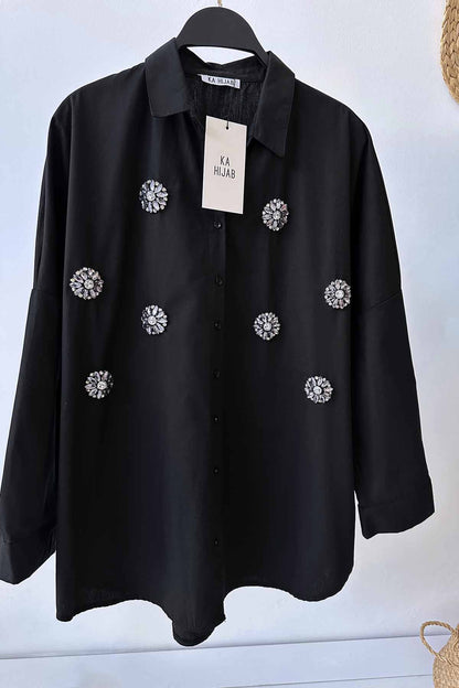 Oversize Low Sleeve Diamond Shirt - Black