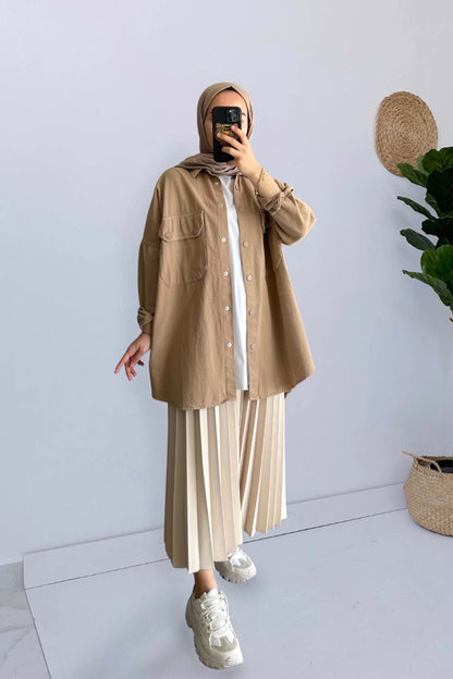 Long Pleated Skirt - Beige