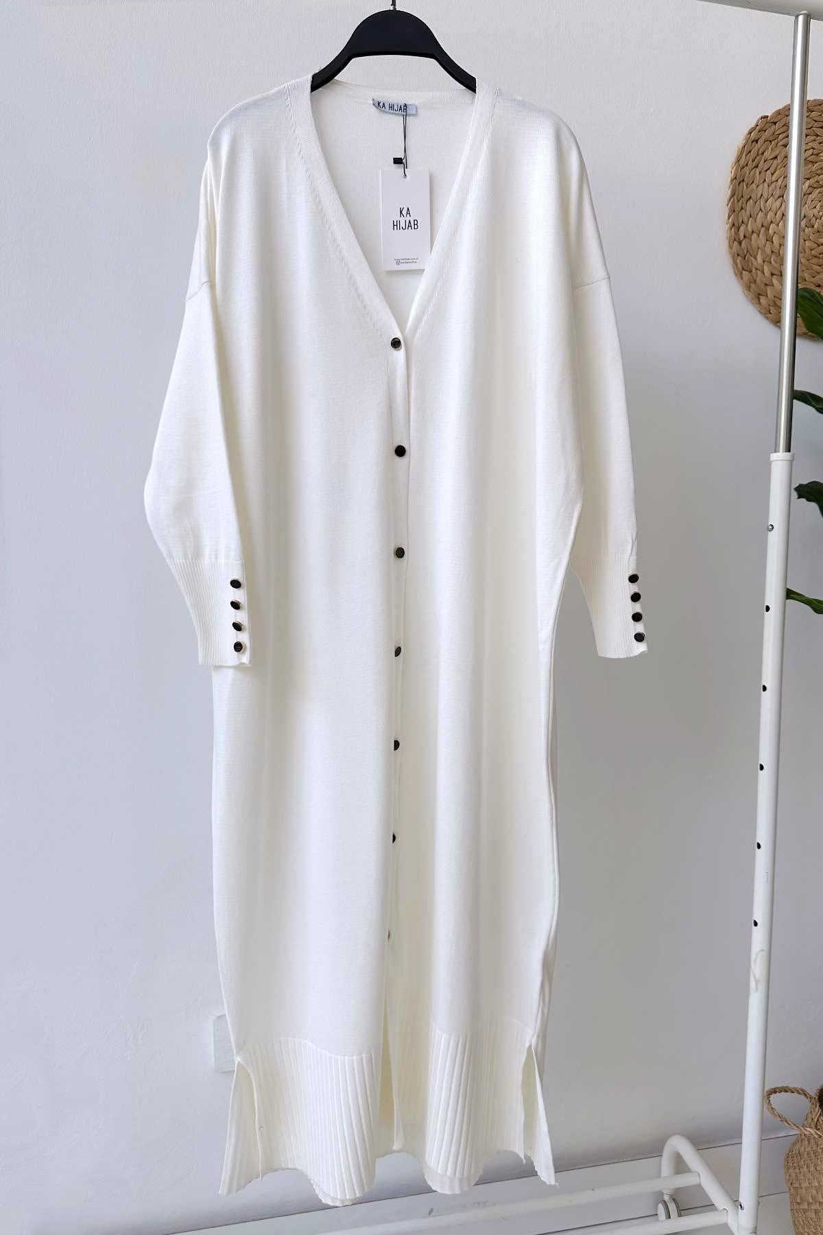 Maxi-Length Buttoned Mercerized Cardigan - White